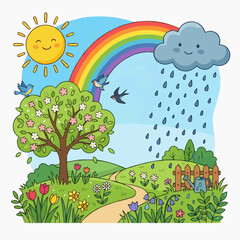 Fototapeta premium Spring landscape with sun rainbow rain cloud birds and blooming tree