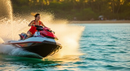 Fototapeta premium Joyful woman in red swimsuit riding jet ski through turquoise water at golden hour, dynamic summer adventure