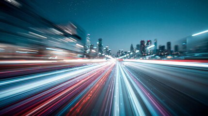 Obraz premium Futuristic Urban Nightscape with High Speed Light Trails and City Skyline under Starry Sky Background