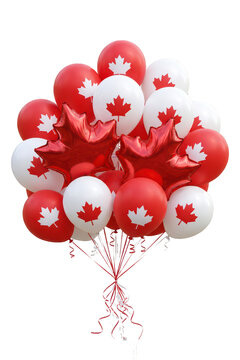 Red and white Canada Day balloons with maple leaf design isolated on transparent background