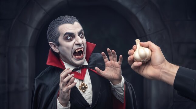 Vampire recoiling in fear from garlic bulb held by hand. Gothic character cowering in dark stone castle corridor during Halloween performance.