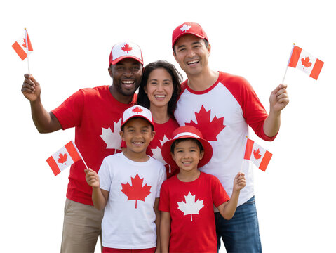 Smiling multi-ethnic family celebrating Canada Day with flags isolated on transparent background