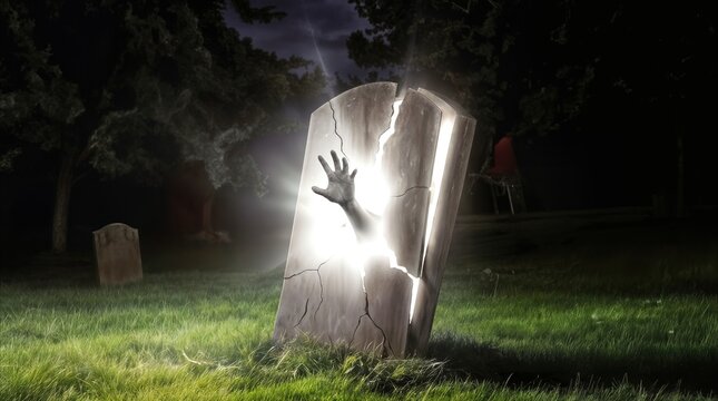 Zombie hand emerging from cracked tombstone in spooky graveyard at night. Horror scene with glowing light coming from broken grave marker.