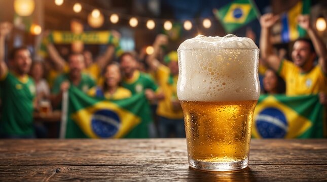Macro de espuma dourada em cerveja premium associada ao clima festivo do futebol brasileiro
