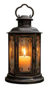 Vintage metallic lantern with lit candle isolated on transparent background