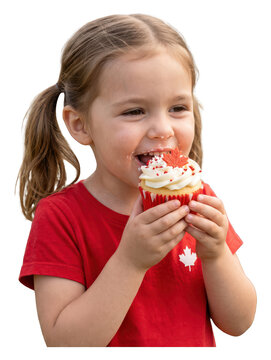 Cute little girl eating a cupcake with a Canadian maple leaf decoration isolated on transparent background