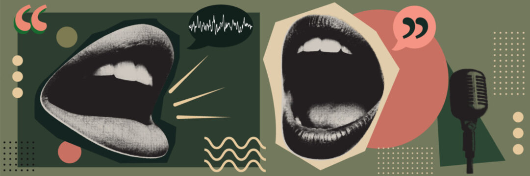 Open-Mouth Lips and Vintage Microphone Halftone Collage Illustration with Sound Wave and Quote Marks  Voice Podcast Speaking and Communication Concept with Green Pink on Olive Background