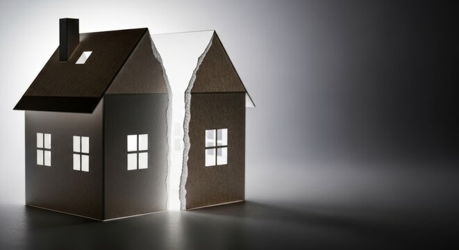 Torn paper house model with light glowing from the split, symbolizing division and fractional ownership in real estate