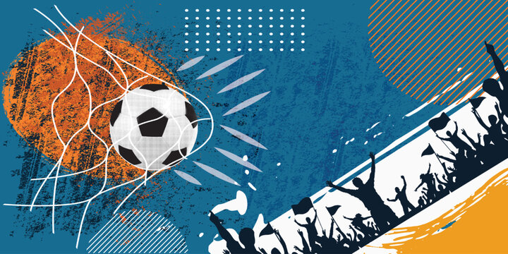 Soccer Football Hitting Goal Net with Celebrating Crowd Silhouette Grunge Collage Illustration  Sports Championship Tournament and Victory Concept with Blue Orange on Bold Background
