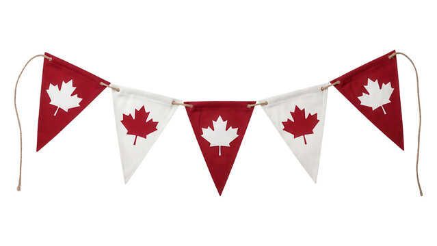 Canadian flag bunting garland with red and white maple leaf pennants isolated on transparent background