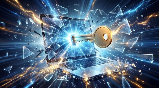 Metallic key bursting through laptop screen with glass shards flying. Digital security breach and data access concept.