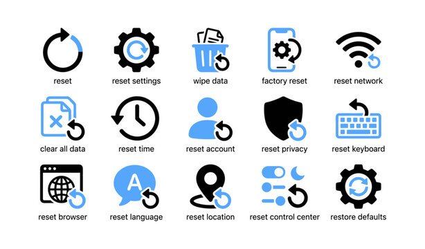 Reset and restore icons showing system reset actions on white