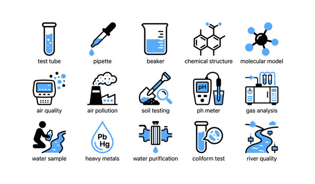 Laboratory and water testing icons arranged on white background
