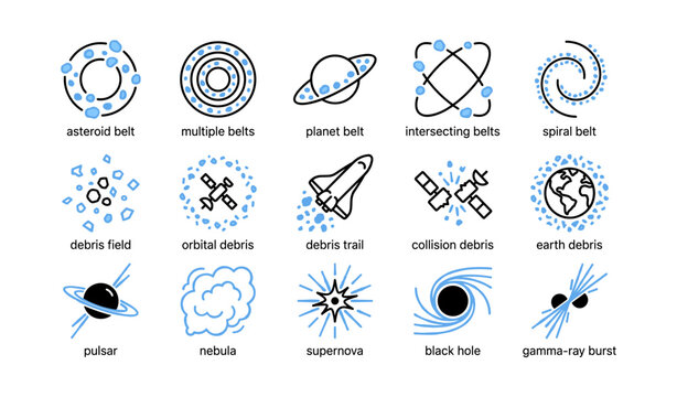 Space debris and celestial phenomenon icons displayed on white background