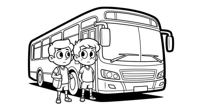 Two children happily standing near a large bus.