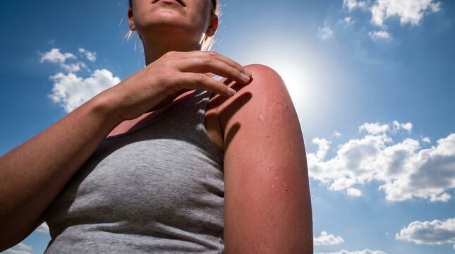 Low angle view of woman touching sunburned shoulder under bright blue sky
