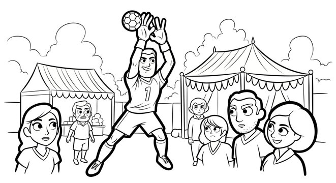 Young athlete catching basketball at lively fairground event.