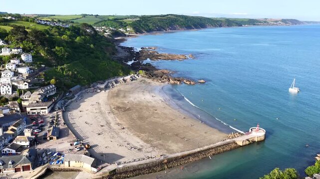 Looe Beach and Cliffs Aerial 4K