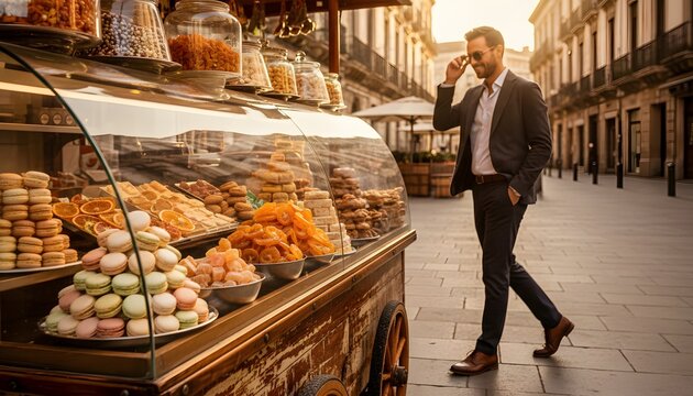 Elegant businessman walking near street vendor cart with colorful sweets on a European city lane, representing a luxury travel and indulgence concept in warm sunset light