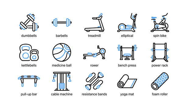 Gym equipment icons showing exercise machines on white background