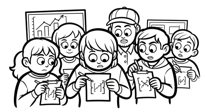 Excited children showing graded test papers together happily.