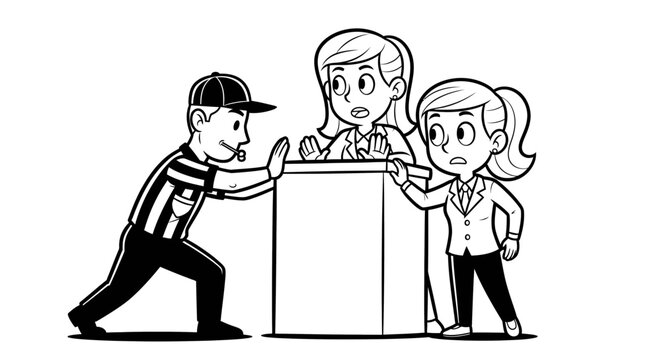 Cartoon characters discussing at a presentation podium together.