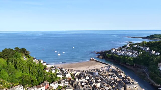 Looe Town Hill and Beach Aerial 4K