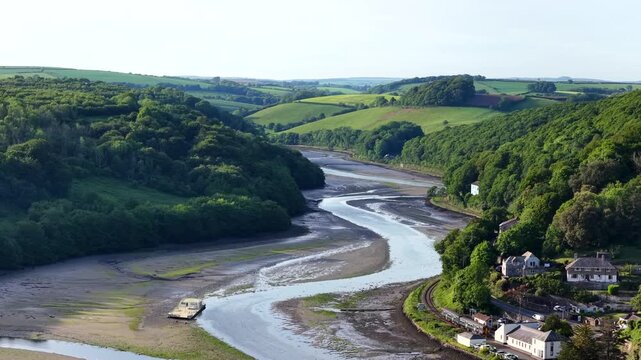 Looe River Hills Low Tide Aerial 4K