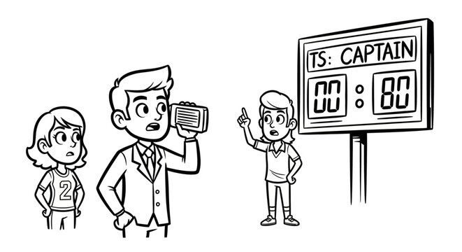 Cartoon man showing stopwatch with time left display.