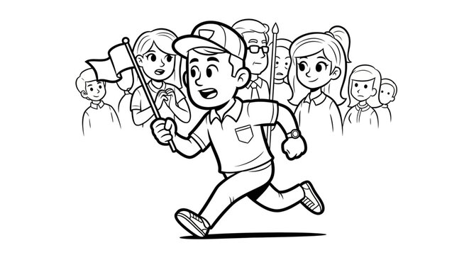 Cartoon boy running cheerfully with energetic crowd behind.