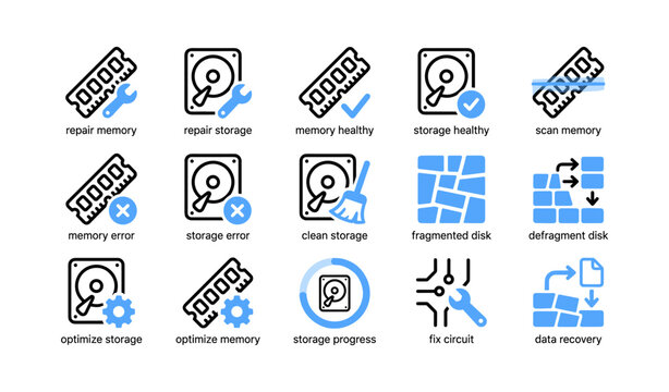 Memory and storage maintenance icons arranged on white background