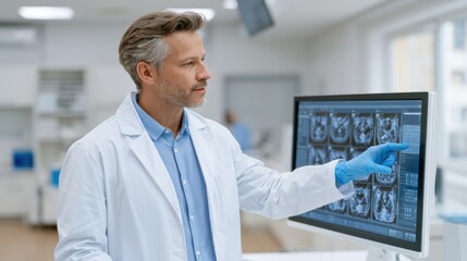Fototapeta premium Male physician in white coat examines medical imaging on computer screen in modern healthcare facility, displaying detailed scans and a bright clinical environment
