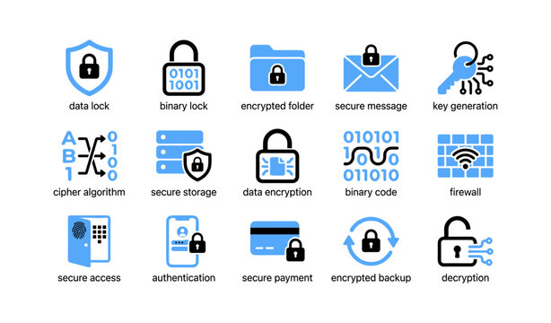 Security and encryption icons for data protection on white