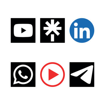 6 vector icons representing popular social media, streaming, and communication platforms. The collection includes the YouTube logo, Linktree, LinkedIn, WhatsApp, a media play button, and Telegram