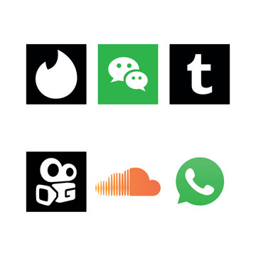 6 vector icons representing various popular social media, music streaming, and communication platforms. The collection includes the Tinder flame icon, the WeChat speech bubble logo, the Tumblr