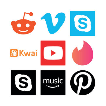 9 vector icons representing various popular social media, streaming, and communication platforms. The collection includes recognizable brand logos such as Reddit, Vimeo, Skype, Kwai, YouTube, Tinder