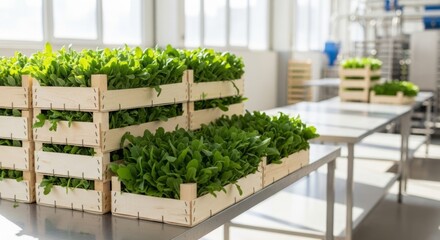 Fototapeta premium Fresh arugula in wooden crates at a clean production facility, bathed in natural light for organic food and healthy eating concepts.