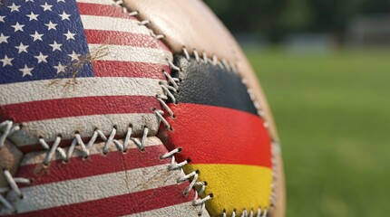 Naklejka premium A close-up of a soccer ball featuring the flags of the USA and Germany, symbolizing international sportsmanship.