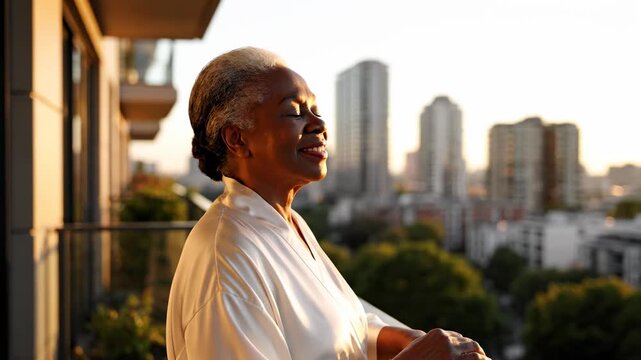 A dignified elderly Black woman with graying hair stands on a balcony at sunrise, enjoying the city skyline bathed in warm, golden morning light while wearing a luxurious silk robe, exuding