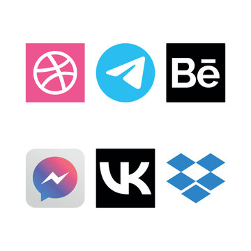 6 vector icons representing various social media, design, communication, and cloud storage platforms. The collection includes recognizable brand logos such as Dribbble, Telegram, Behance, Messenger