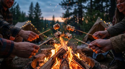 Fototapeta premium A diverse group of friends joyfully roasting marshmallows over a crackling campfire in a serene outdoor setting at dusk.