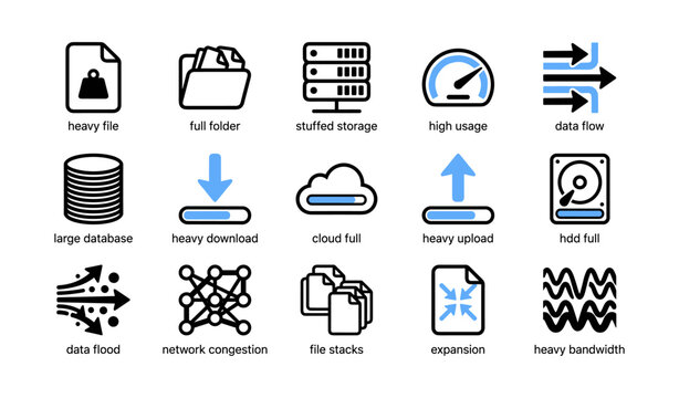 Data storage and bandwidth icons indicating heavy usage on white