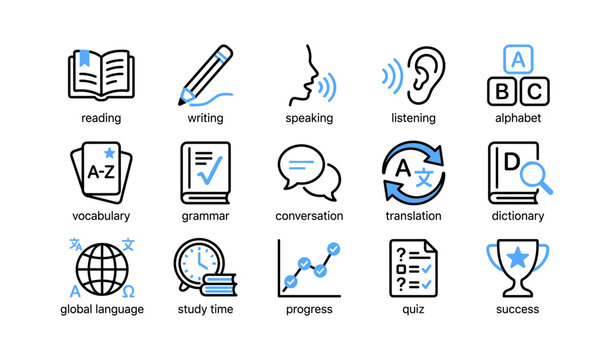 Language learning icons showing skills and tools on white background