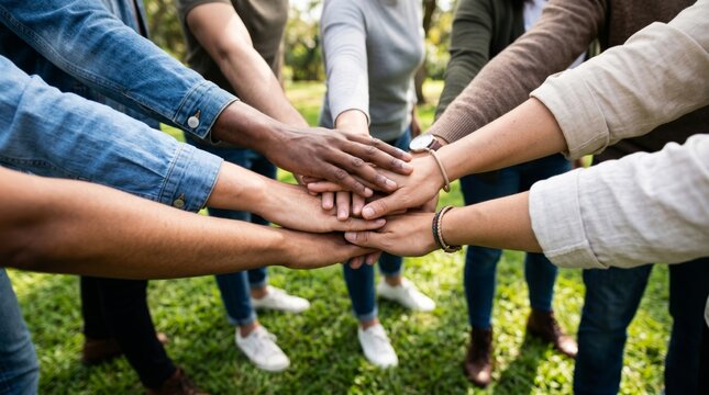 Diverse group of friends uniting hands together in a show of solidarity and teamwork outdoors.