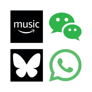 4 vector icons representing popular music streaming, communication, and social media platforms. The collection includes recognizable brand logos such as Amazon Music, WeChat, Bluesky, and WhatsApp