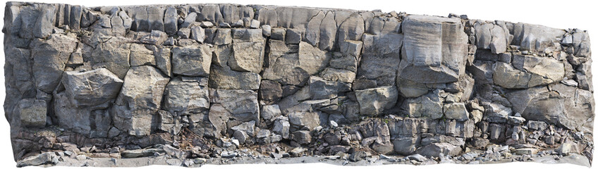 Fototapeta premium Layered Basalt Cliff Face with Fractured Volcanic Rock Wall on Transparent Background