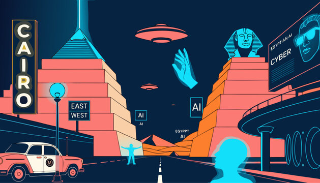 Very beautiful Cairo cyberpunk poster featuring futuristic desert architecture, glowing holographic landmarks, neon-lit boulevards, reflective urban streets, flying vehicles, and a spectacular retro-f