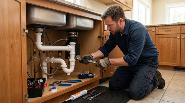 A skilled Caucasian male plumber working diligently under a kitchen sink, fixing plumbing with various tools at hand.