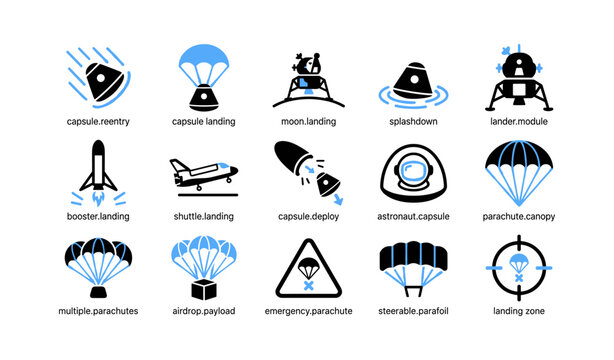 Spacecraft and parachute icons arranged in grid layout