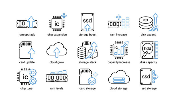 Computer hardware upgrade and storage icons on white background